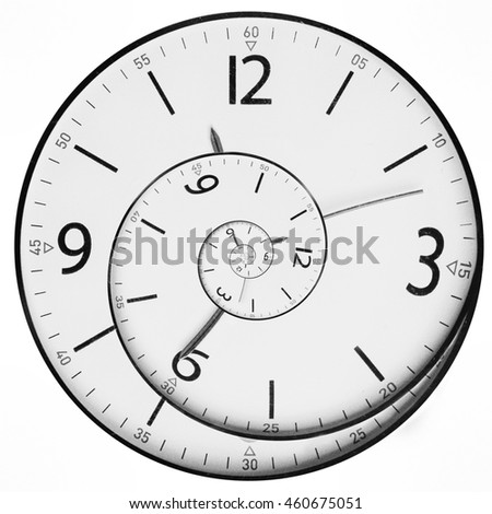 Twisted clock face close up. infinite time concept Royalty-Free Stock Photo #460675051