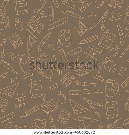 Seamless pattern on the theme of the school, a simple contour icons, sepia