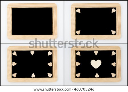 Photo Collage of Vintage Chalkboards with wooden frame isolated on white, craft heart shapes, creativity and love concept