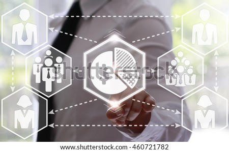 businessman presses circular graph button with dollar on virtual screen. Pie chart icon with dollar on touch screen interface. Diagram, business, banking. Hexagon style. Bank, finance, concept, stock