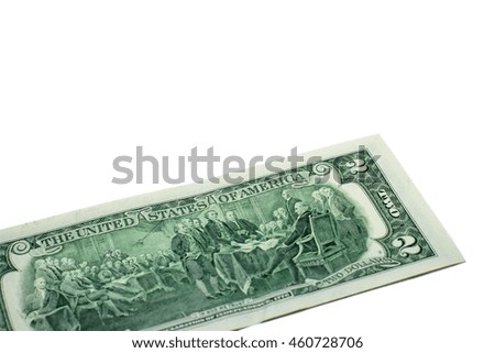 Back side of 2 American dollar banknote isolated on white background with copy space