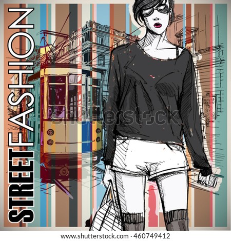 Pretty stylish girl and old tram. Vector illustration.