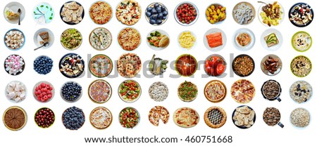 Collage of different kinds of healthy and unhealthy foods isolated on white