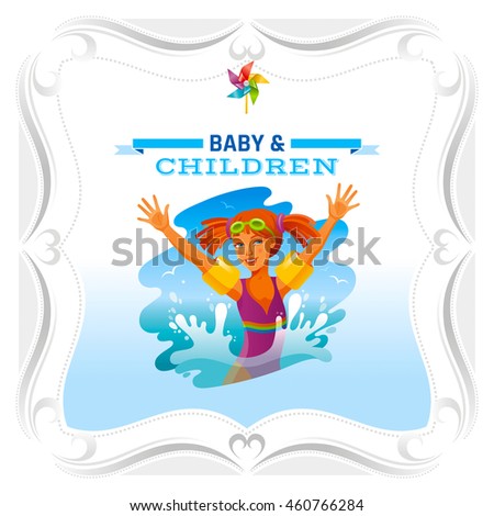 Vector illustration of happy baby girl swimming in sea. Summer travel concept