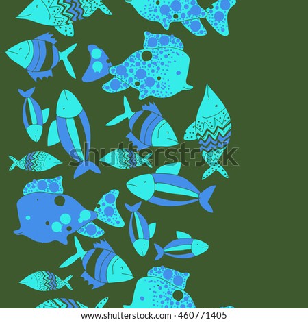 Seamless  vertical pattern of  stylized  motif, doodles,  spot,fishes,ellipses, zigzag, copy space . Hand drawn.
