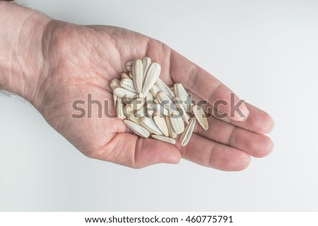 Sunflower seed in a man's hand isolated on white background