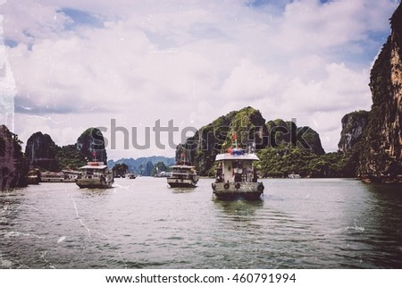 Halong bay, is a UNESCO World Heritage Site, and a popular travel destination in Vietnam, Vintage painting, old photo effect, beautiful picture, travel texture