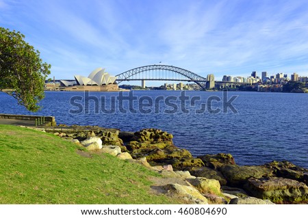 City skyline in Sydney Australia with blue sky