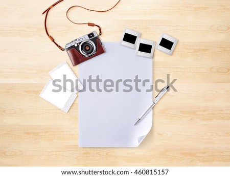 empty white paper for note, travel memories ,vintage camera