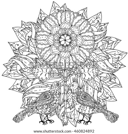 Contoured mandala shaped flowers and birds for adult coloring book or art therapy style zen drawing. Hand-drawn, stylish doodle in tatto style, for coloring book or fabric design in vector.