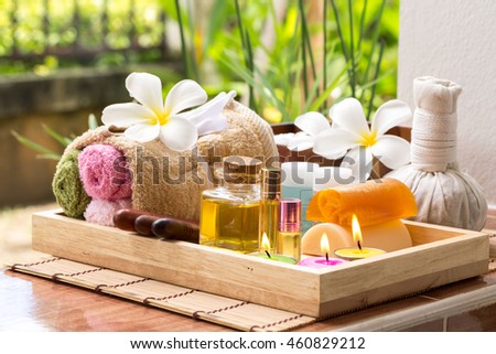 Beautiful composition of spa treatment on white wooden box