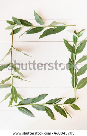 Frame of green branches with leaves on white wooden background with copy space. Top view, flat lay.