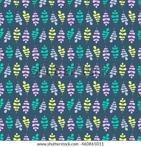 Vector seamless pattern with flat floral branch. Yellow, pink, green and grey leaves on dark background.