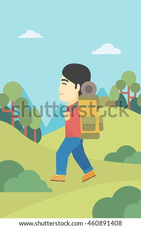An asian man hiking in mountains. Traveler with backpack mountaineering. Hiking man with backpack walking outdoor. Vector flat design illustration. Vertical layout.