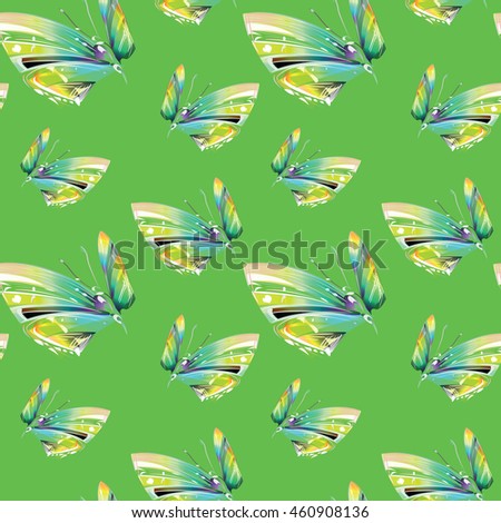 Vector seamless texture with bright butterflies on green background