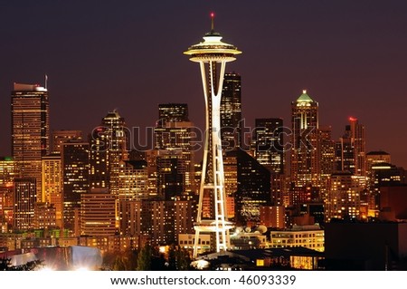 Dazzling image of the emerald city of Seattle skyline at dusk