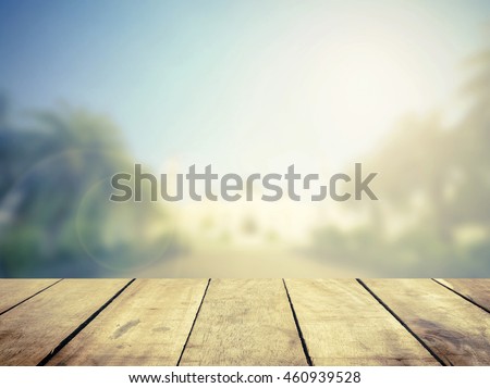 Perspective wood floor brown color texture with beautiful mosque background. Abstract simple hardwood photography light gradient wallpaper  concept for product montage mockup regular beach sand scene.