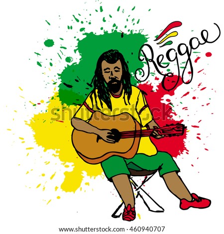 Vector illustration of rastaman playing guitar. Rastafarian guy with dreadlocks wearing yellow shirt, green pants, red shoes. Hand-drawn. Isolated on a white background.