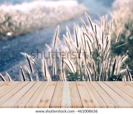 Wood table top on blurred grass background - can be used for display or montage your products