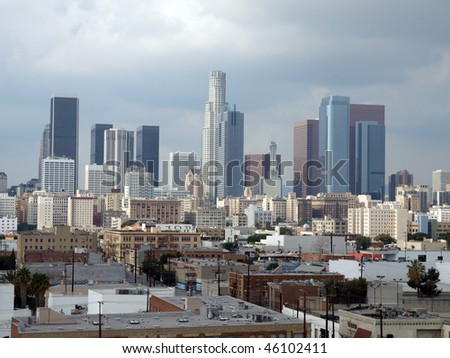 Winter storm clouds descend on downtown Los Angeles.