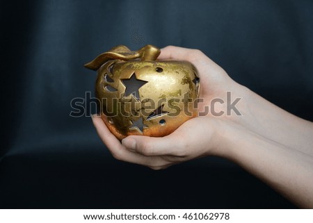 woman hands holding a gold apple
