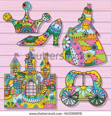 Vector princess decorations colorful on wooden background