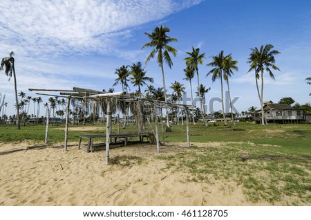 beautiful rural scenery with wooden cottage and fronds roof on the sandy beach, surrounded by green grass and coconut tree. cloudy sky and blue sky background.