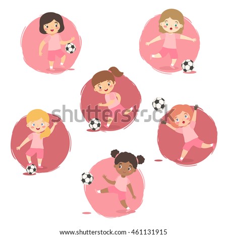 Set of Football Girls Team Pink Uniform. Vector illustration of kids playing soccer in different ethnic and action style isolated on pink white background.