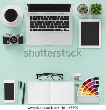 Minimal work space : Laptop,camera,coffee,cactus,tablet, pen ,pencil, notebook ,  smart phone , stationery on pastel green background for copy space. flat lay , top view