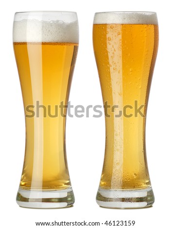 Photo of two tall glasses of beer, one with condensation and one without. Two photographs merged.