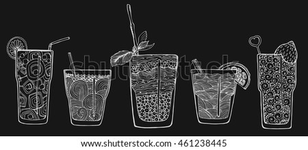 A collection of cocktails. Alcoholic cocktails. Refreshing summer drinks. Stylized drinks in glasses. Bar. Menu. Line art. Set. Tattoo. Doodle. Zentangle. Chalk board. Drawing with chalk.