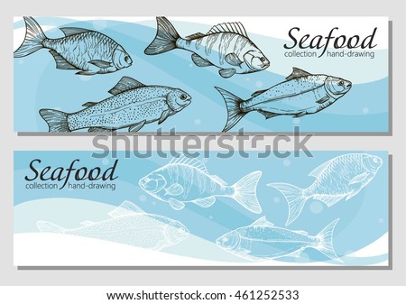 Vector flyer with linear silhouettes of underwater fish. Sketch of bream, carp, trout, salmon, perch in vintage style. Brochures with fishes illustrations for design