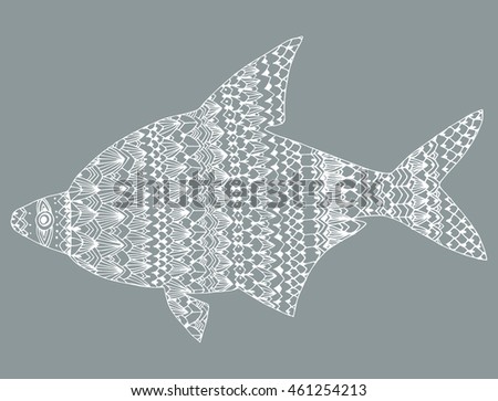 Stylized fish. River fish. Black and white drawing by hand. Line art. Tattoo. Doodle. Graphic arts. Ornamental fish. Pattern.