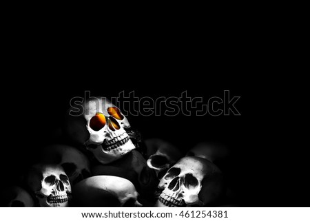 Halloween decoration Skull plastic model figure, horror background with filter color effect ,abstract background to Halloween concept.