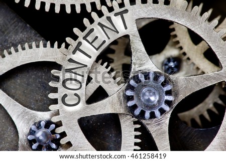 Macro photo of tooth wheel mechanism with CONTENT concept letters
