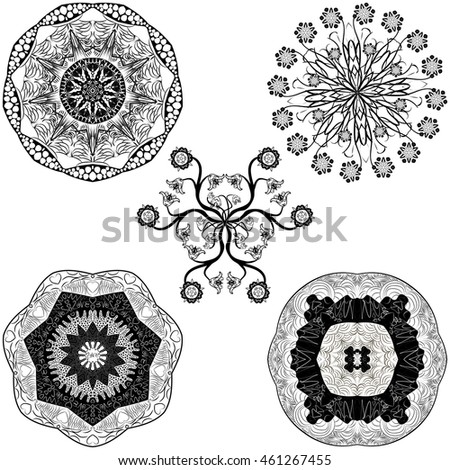 Vector set from five round black and white mandalas. Vector mandalas. Ethnic decorative elements. Hand drawn mandalas.