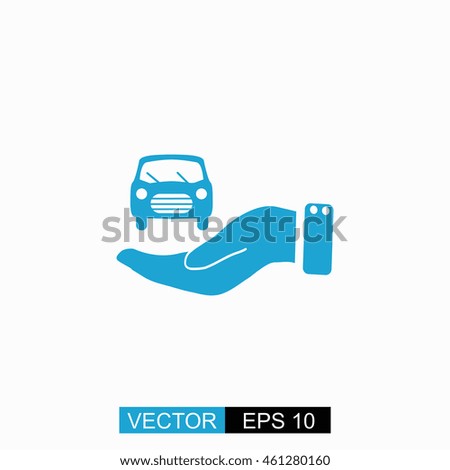 Hand and car vector. Isolated blue icon on white background.