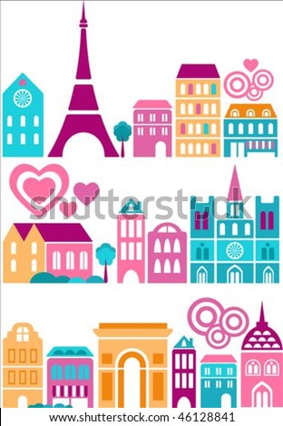 Vector illustration of a cities of the world with colorful icons of trees and buildings