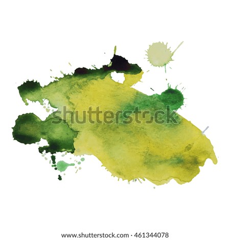 Expressive abstract watercolor stain with splashes and drops of light green yellow color.