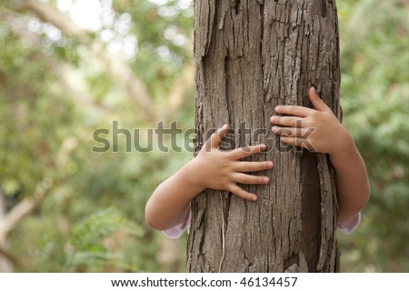 kid hans embracing a tree trunk Royalty-Free Stock Photo #46134457