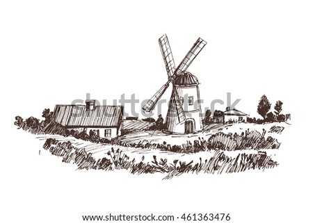 Countryside sketch with windmill. Vector illustration
