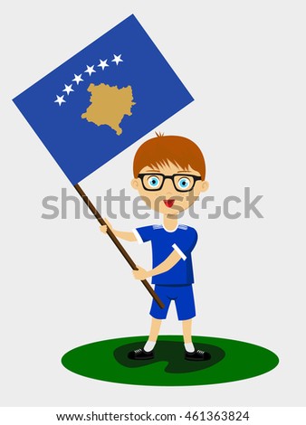 Fan of Republic of Kosovo national football team, sports. Boy with flag in the colors of the state command with sports paraphernalia.