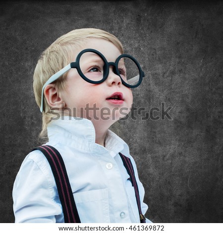 Portrait Cute Little Boy with Glasses Child Prodigy Dark Chalking Board Empty Copy Space Concept Back to School Black Background