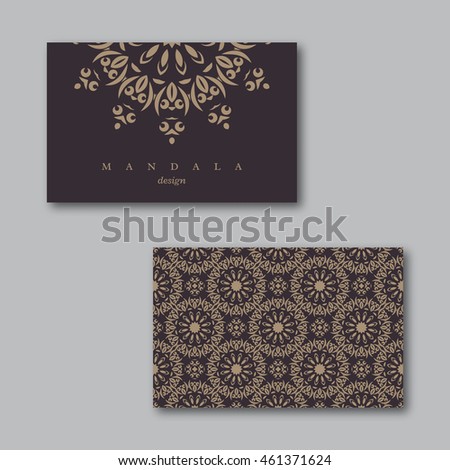 Set of ornamental business cards with mandala and seamless pattern, visiting template card, beige, brown colors.Vintage decorative elements.Indian, asian, arabic, islamic, ottoman motif. Vector