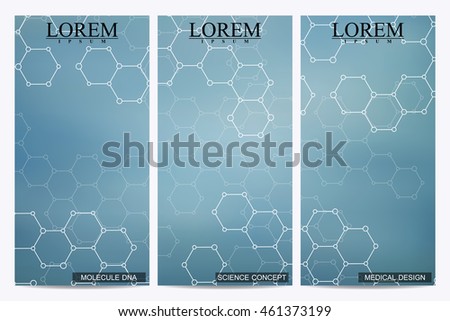 Set of modern vector flyers. Abstract background with molecule structure DNA and neurons. Medicine, science and technology banner, card,web, certificate