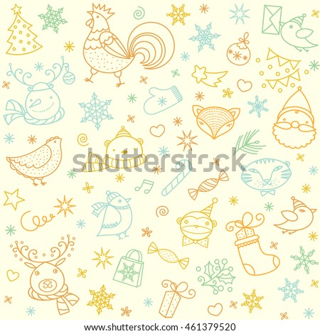Christmas doodle pattern. New Year symbols and ornaments. Cartoon animals icons.
Vector seamless outline drawing background. 