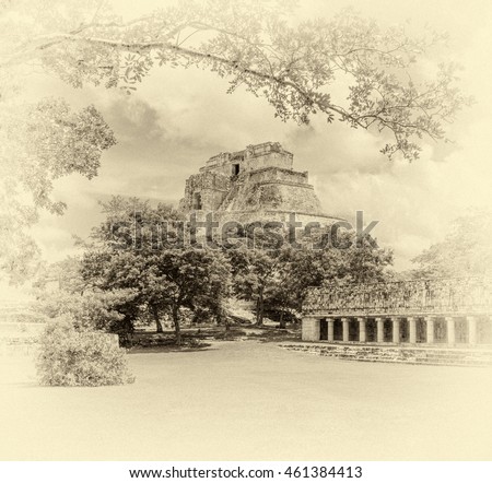 General view of the rotunda and the pyramids in the ancient city Uxmal - Yucatan, Mexico (stylized retro)