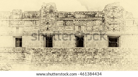 View of the palace in the ancient city Uxmal - Yucatan, Mexico (stylized retro)