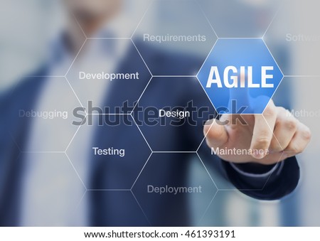 Agile software development principle on the screen with businessman touching button, concept about scrum, iterative methods Royalty-Free Stock Photo #461393191