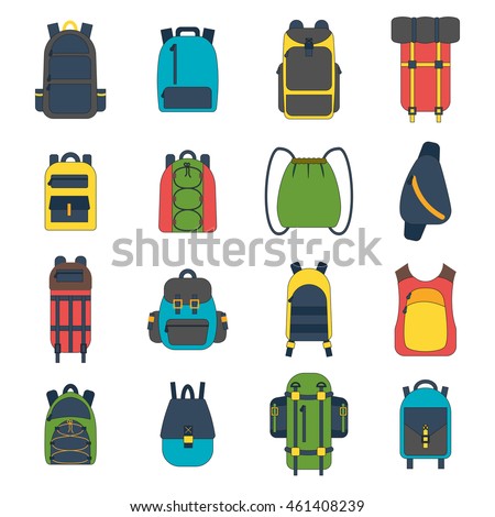 Vector illustration with cartoon flat backpack and sport suitcase. Flat school backpack. Mountain tourist equipment. Hiking, camping, climbing, outdoor sport backpack. Vector cartoon flat icons